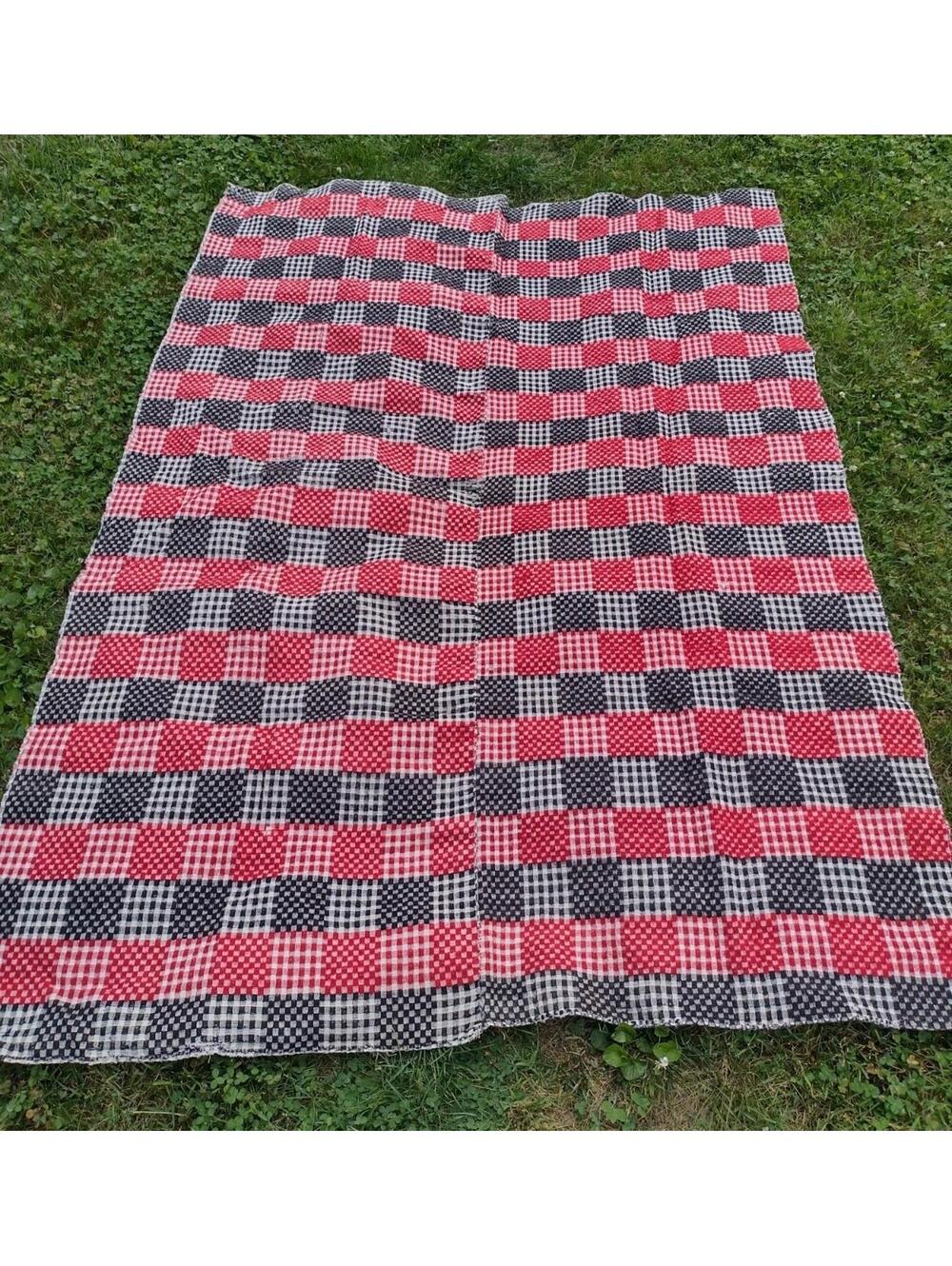1930s Depression Wool Needlewoven Feed Sack Throw Blanket Red Black Folk 82x60